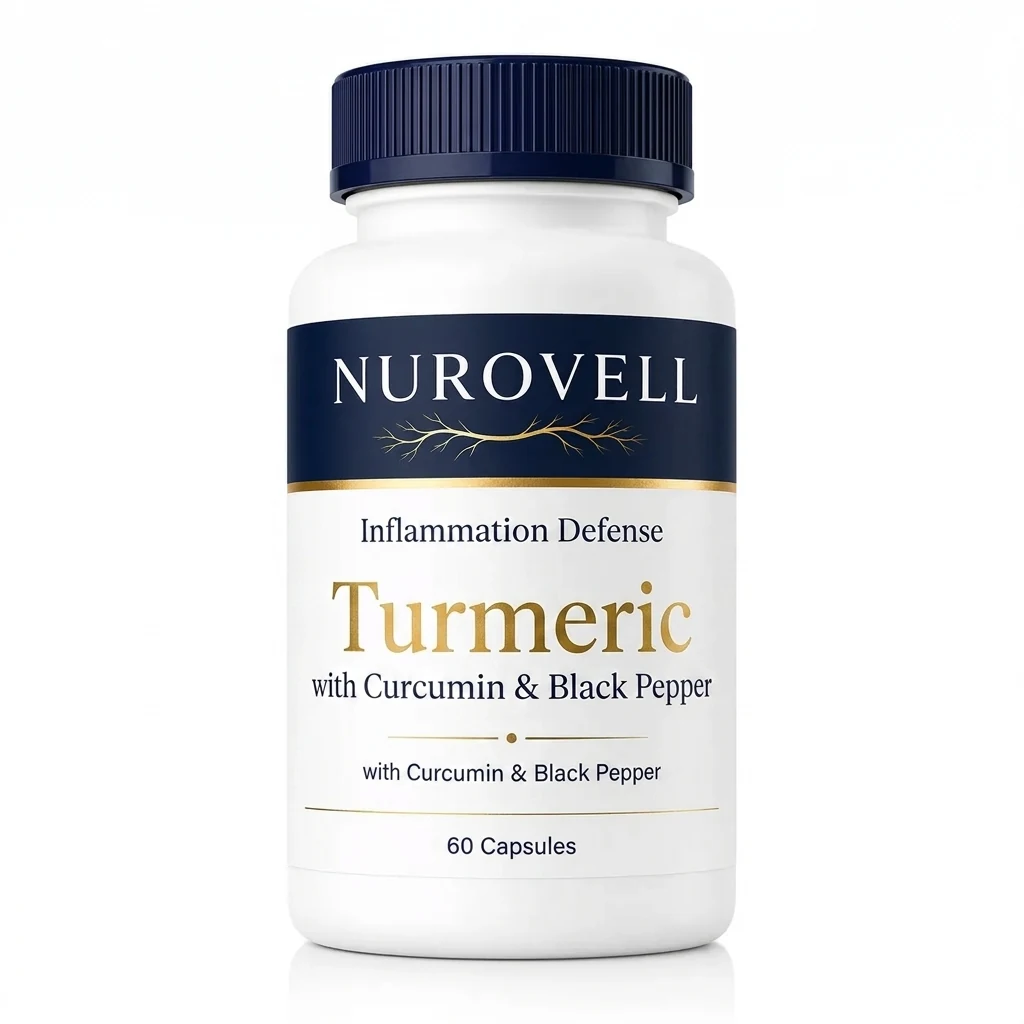 Nurovell Turmeric Inflammation Defense — bottle of 60 capsules with curcumin & black pepper